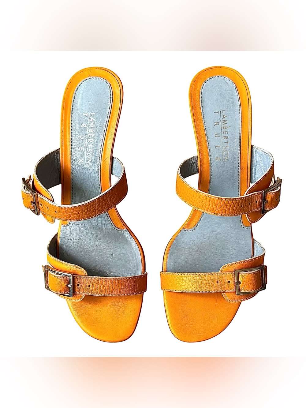 LAMBERTSON TRUEX Marigold Leather Heeled Sandals w/ Buckles - Picture 14 of 16